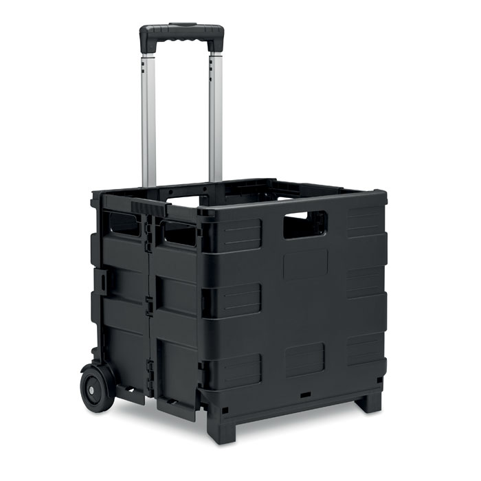 Caja plegable de plástico negro con ruedas y asa telescópica para transporte de mercancías.
