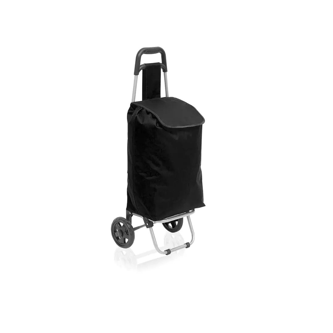 Carrito de la compra plegable con bolsa negra y chasis metálico sobre ruedas